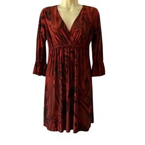 Fave Rust Sublimation Print Slinky Knit Dress Size Medium Mini 3/4 Sleeves Y2K